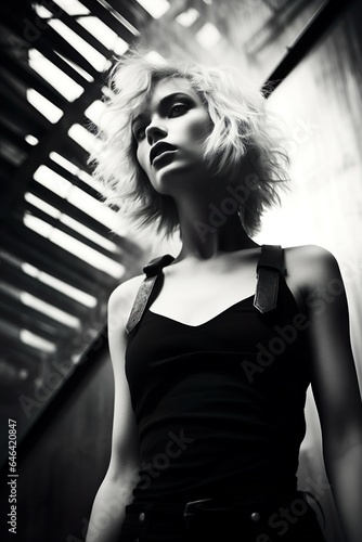 A female model at a fashion shoot in a desolate urban environment