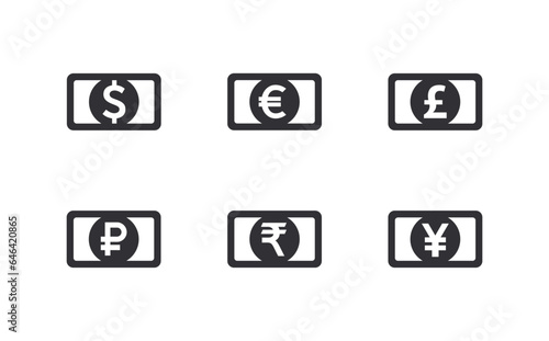 Currency icons. Dollar, euro, pound, rupee, yuan, ruble. Cash icon. Currency exchange symbol. Coins icon. Finance symbol. Currency symbol. Bank payment symbol. Pay icon. Money icon. Paper money. Tax