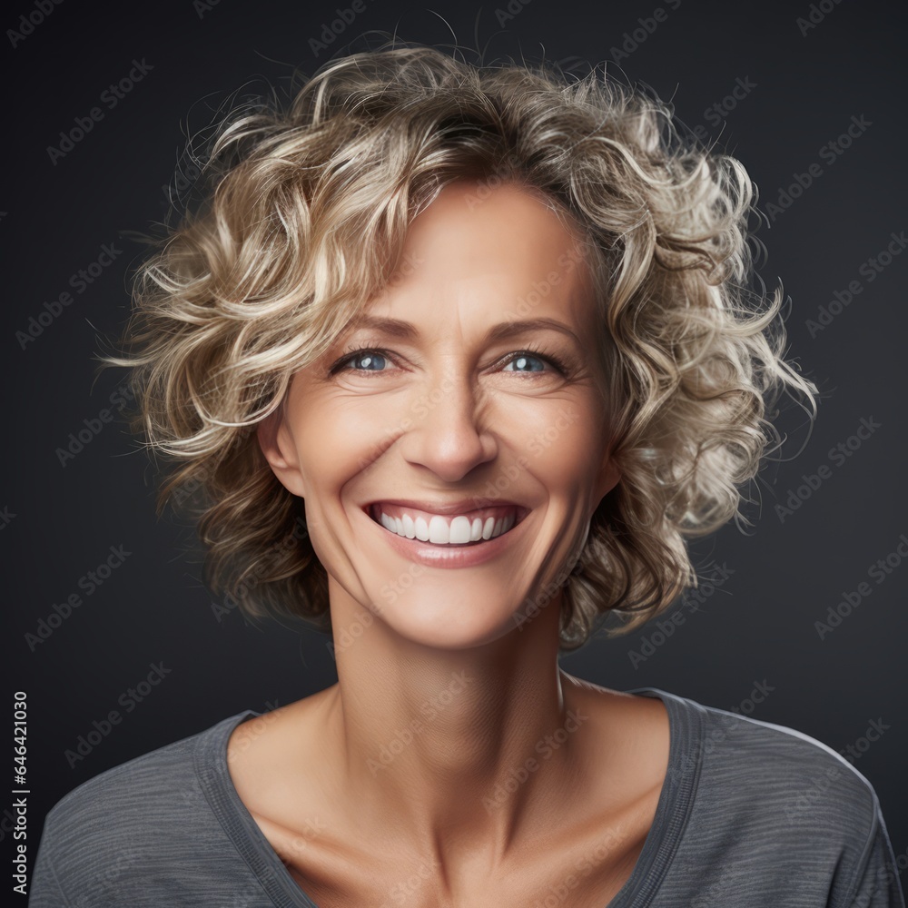 photo of middle aged woman smilin for dental or hair campaign photo of middle aged woman smilin for dental or hair campaign
