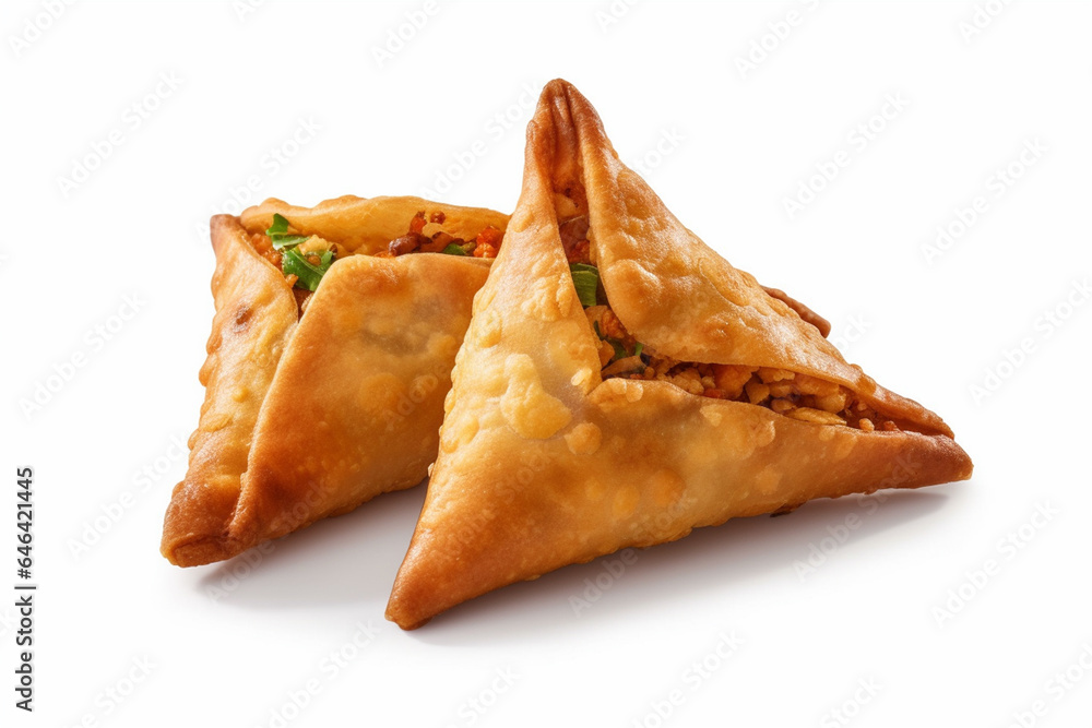 Indian snacks vegetable Samosas a spicy blend of vegetables wrapped in a deep fried triangular pastry parcel, fried Indian food . AI Generative