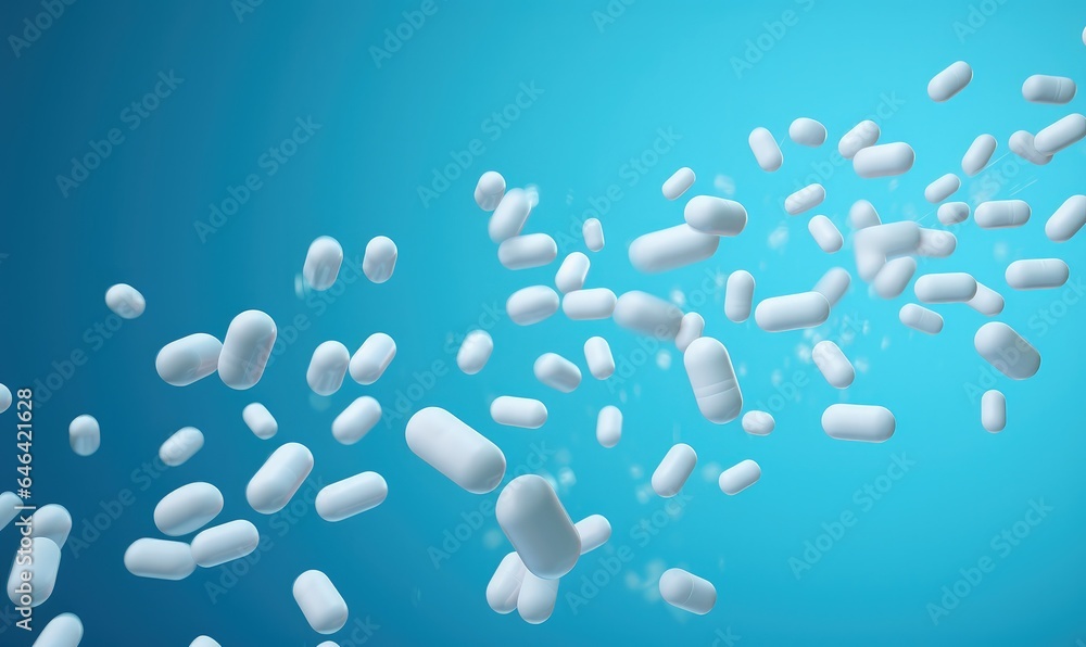 Digital illustration of pills, medicines, blue background. Generative AI Digital illustration of pills, medicines, blue background. Generative AI