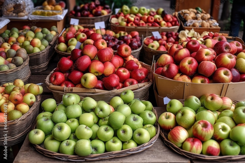 shot of different types of apples displayed on a table in an outdoor market