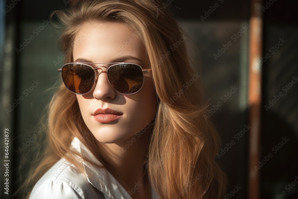 headshot of a beautiful young woman wearing trendy sunglasses headshot of a beautiful young woman wearing trendy sunglasses