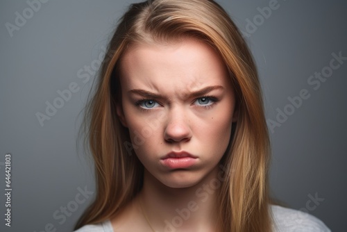 cropped shot of a young woman looking upset while standing against a gray background