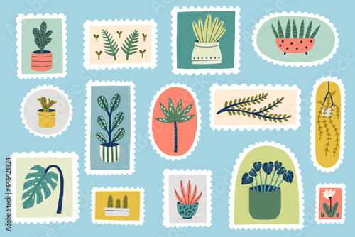 Set Postal Stump Houseplant. Trendy Collection Paper Postmarks. Vector Illustration in hand drawn style
