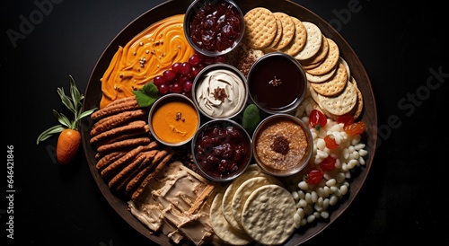 Wooden board with various sauces, snacks, appetizers. Generative AI