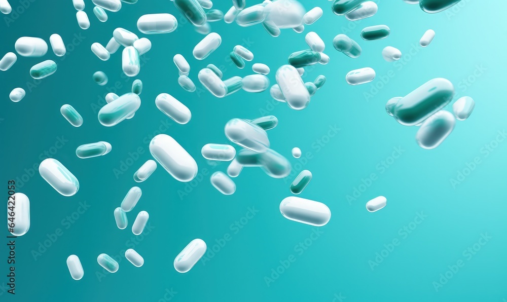 Digital illustration of pills, medicines, blue background. Generative AI Digital illustration of pills, medicines, blue background. Generative AI