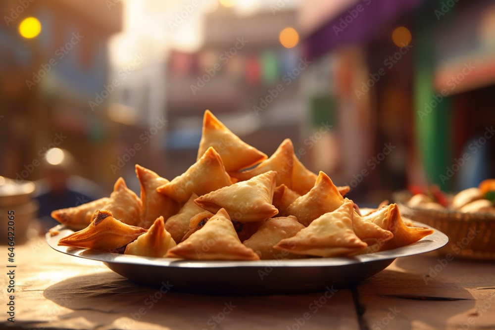 Indian snacks vegetable Samosas a spicy blend of vegetables wrapped in a deep fried triangular pastry parcel, fried Indian food . AI Generative - obrazy, fototapety, plakaty 