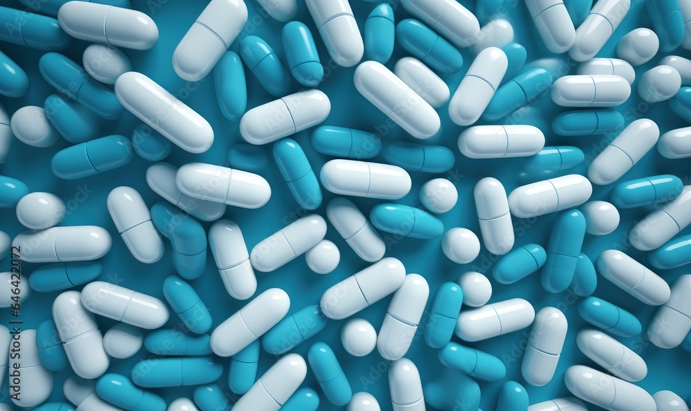 Digital illustration of pills, medicines, blue background. Generative AI