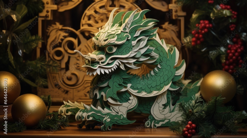 A paper sculpture of a dragon on a table