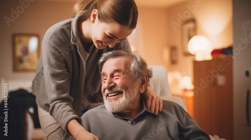 An elderly person happy to be cared for by a caregiver