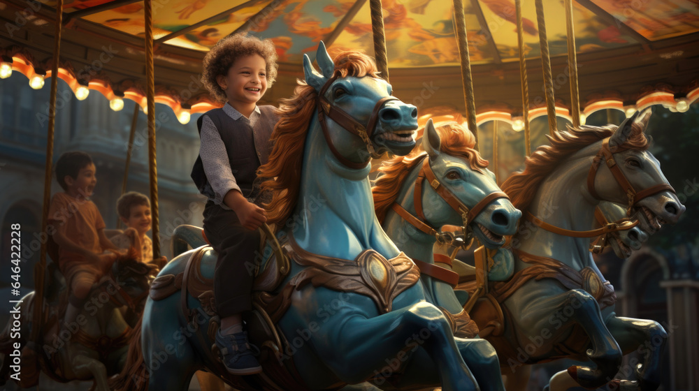 A young boy riding on merry go round the back of a blue horse