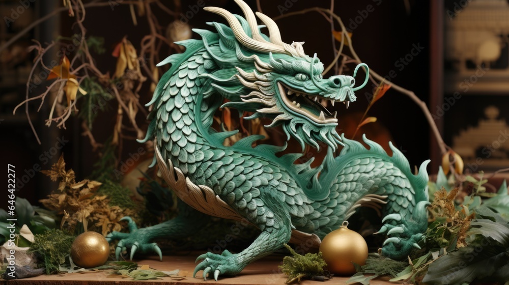 A statue of a green dragon sitting on top of a table