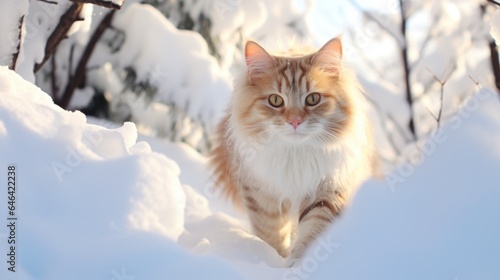 A cat is walking through the snow in the woods