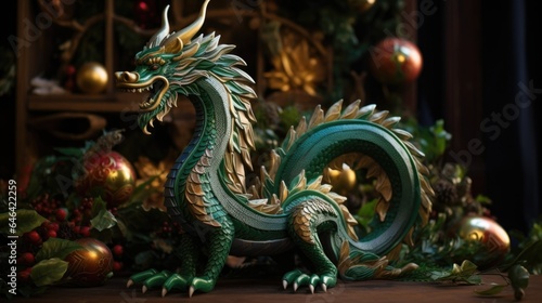 A statue of a green dragon on a table