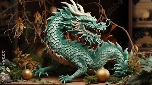 A statue of a green dragon sitting on top of a table