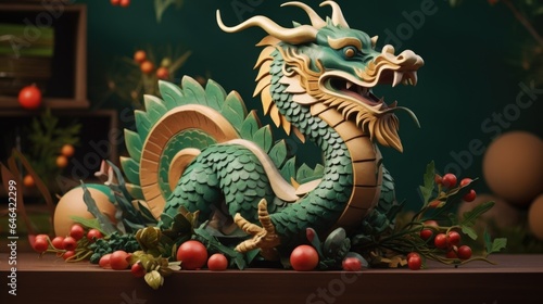 A statue of a green dragon on a table © Maria Starus