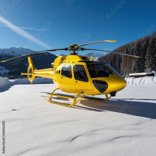 Snowy landscape with yellow rescue helicopter. Generative AI
