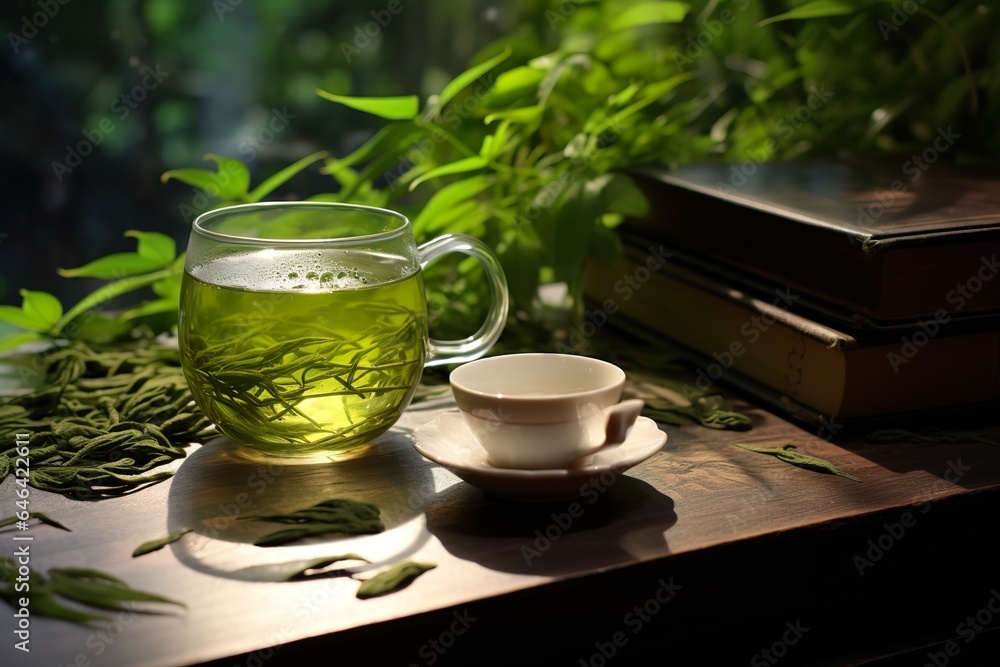 Longjing tea, bud tip, green tea, tender, leisurely afternoon, Sunshine, Zen concept Longjing tea, bud tip, green tea, tender, leisurely afternoon, Sunshine, Zen concept