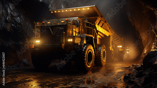 A mining truck is driving into a dark cave.