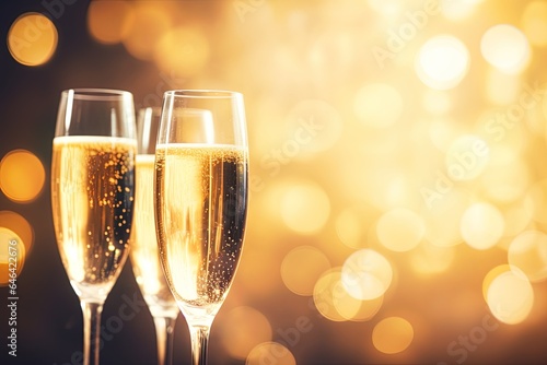 Champagne glasses on glistering Christmas bokeh background. Generative Ai