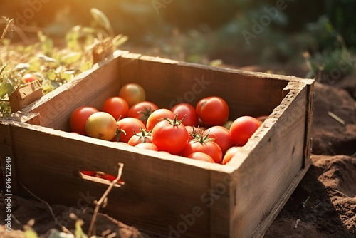 Organic tomatoes in a wooden box. Generative AI.