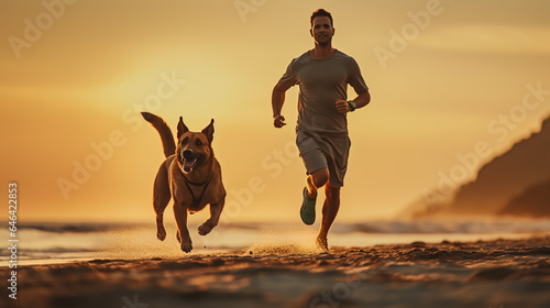 A man running with dog in a beach. 