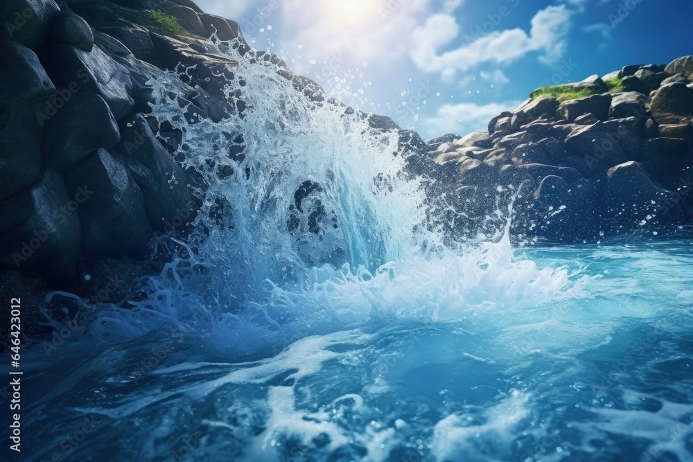 Illustration of a waterfall, with rocks, sky in the background. Generative AI Illustration of a waterfall, with rocks, sky in the background. Generative AI