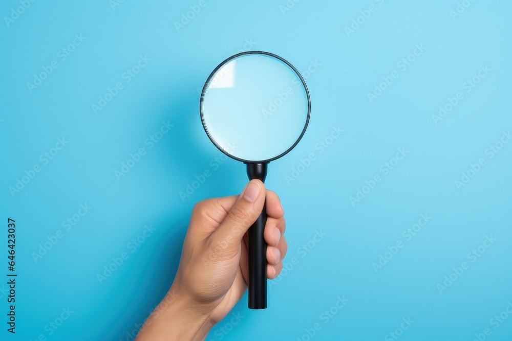 Hand holding a magnifying glass, blue background. Generative AI Hand holding a magnifying glass, blue background. Generative AI
