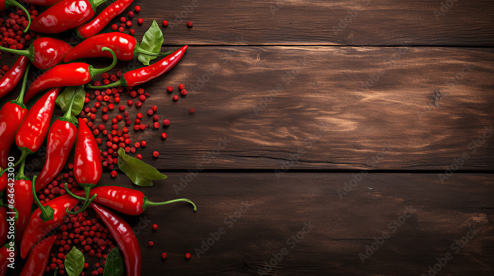 Red peppers are laid out on a wooden surface, leaving room for copy space.