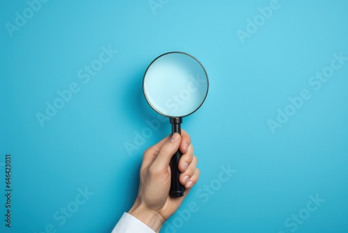 Hand holding a magnifying glass, blue background. Generative AI