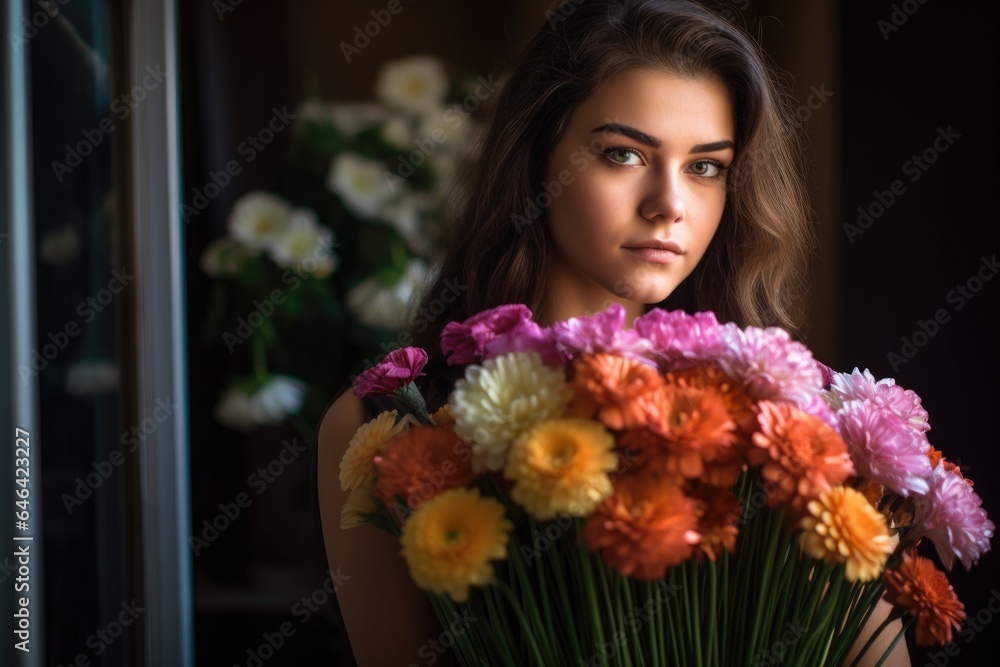 a gorgeous young woman posing with a bunch of flowers
