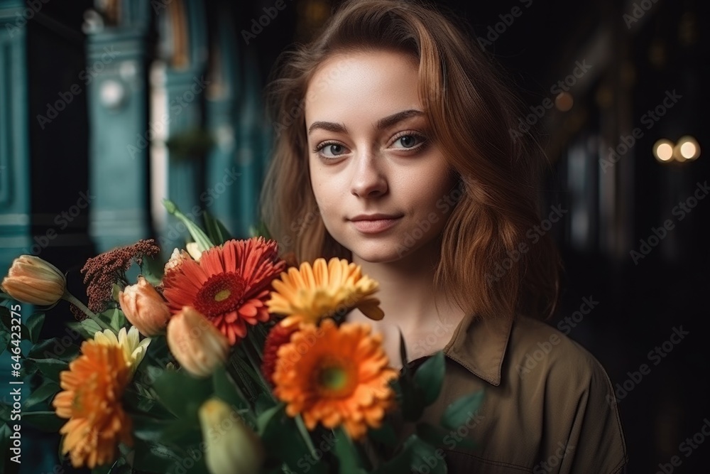 a gorgeous young woman posing with a bunch of flowers a gorgeous young woman posing with a bunch of flowers