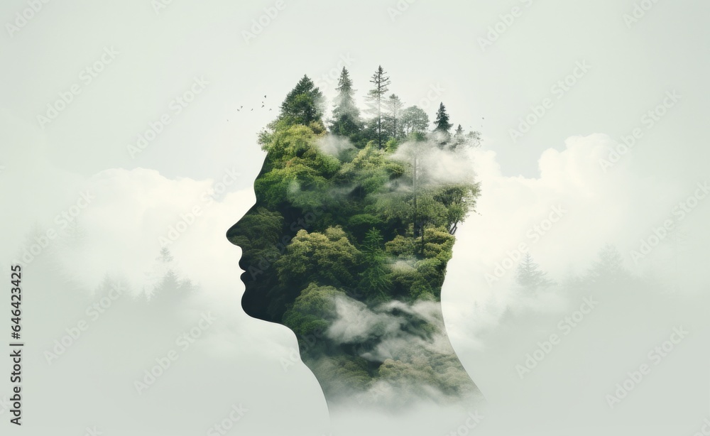 Illustration of a human profile filled with a lush forest, emphasizing the deep connection between man and nature and the importance of environmental preservation - obrazy, fototapety, plakaty 