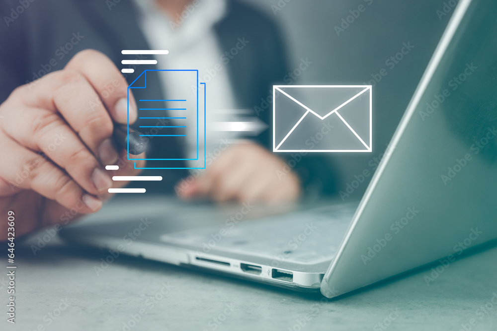 Businessman using pen signing E-document on a virtual screen and sent mail, Important mail, electronic signature concept. Mailing. Digital document management paperless office signing Businessman using pen signing E-document on a virtual screen and sent mail, Important mail, electronic signature concept. Mailing. Digital document management paperless office signing