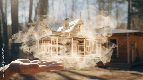 Concept of dreaming about a tiny cozy wooden house; on a misty hand, amidst a forest backdrop, a little home is visible