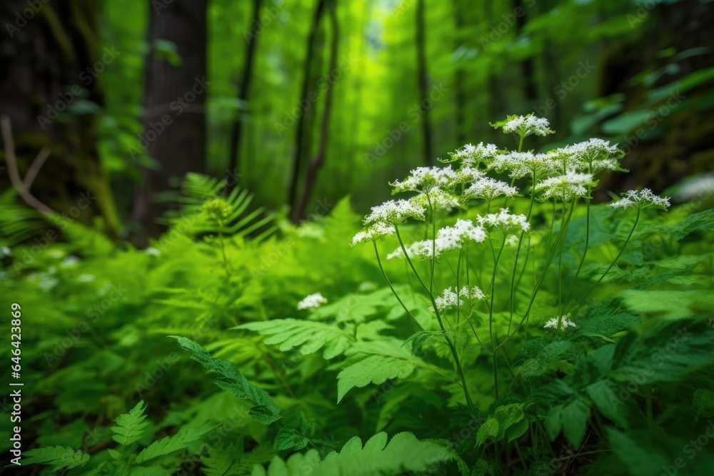 closeup of fresh wildflowers growing in a lush green forest