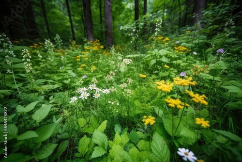closeup of fresh wildflowers growing in a lush green forest
