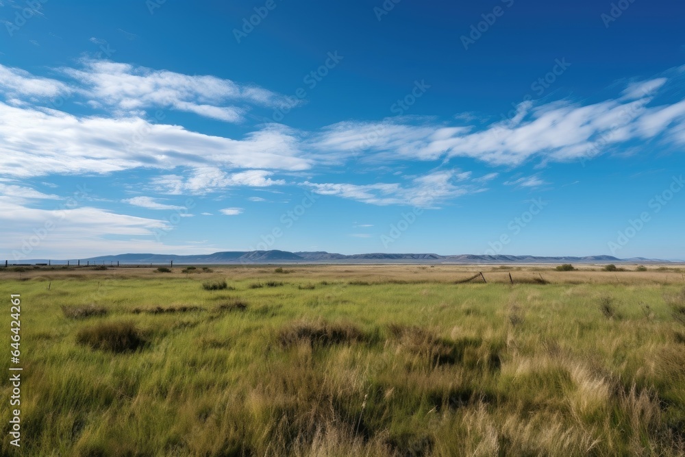 a beautiful scenic landscape of open fields, grass and blue sky