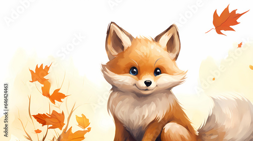 Hand drawn cartoon illustration of cute fox in autumn 