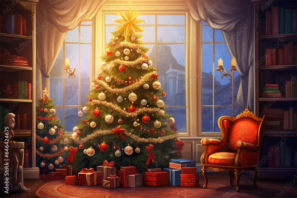 anime style background, a christmas tree in the living room