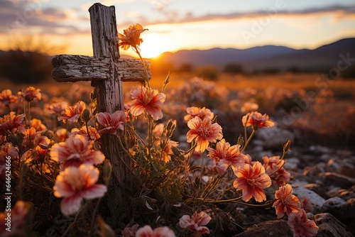 Wooden cross in sunset with wild flowers., generative IA