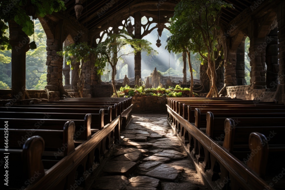 Ancient church nestled in nature, with stained glass and altar., generative IA