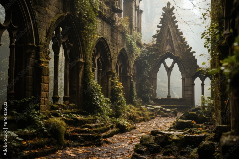 Gothic church in fog, surrounded by cemetery and vivid stained glass., generative IA