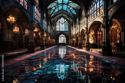 Gothic church with colorful stained glass, serene garden and detailed sculptures., generative IA