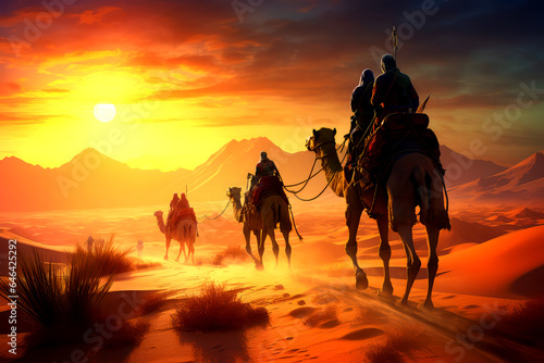 Traveler riding a camel on background