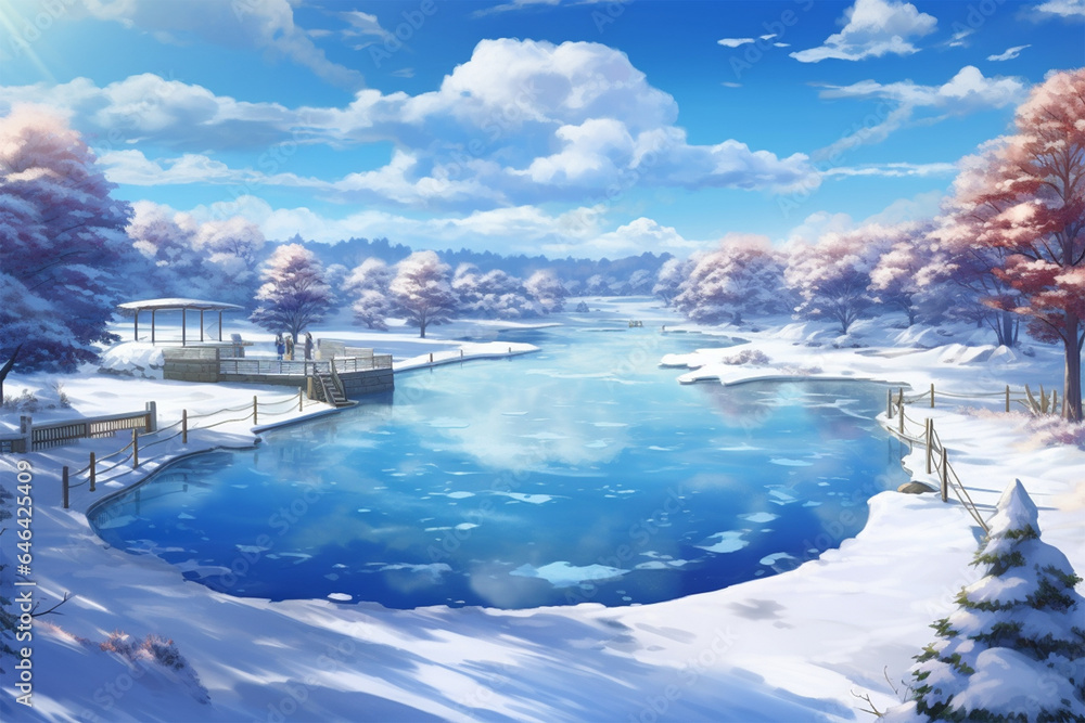 anime style background, a swimming pool that freezes when it's cold