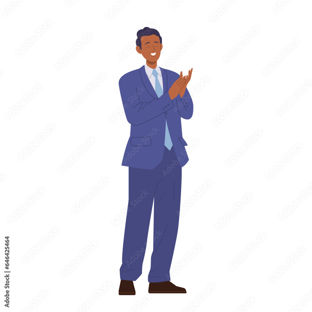 Young freelancer businessman clapping with hands office employee worker applauding editable figure