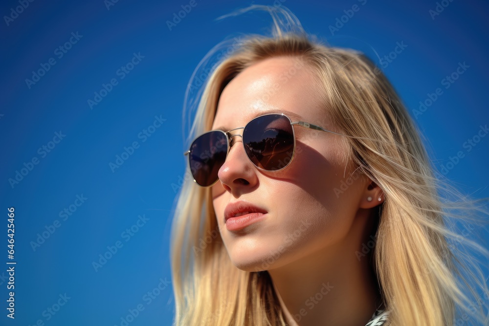 a young woman wearing sunglasses against a blue sky background a young woman wearing sunglasses against a blue sky background