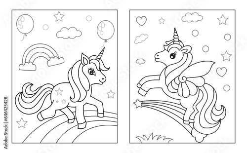Coloring page with cute unicorn. Vector black and white image for children. Cool unicorns with rainbow, flowers, sweets.